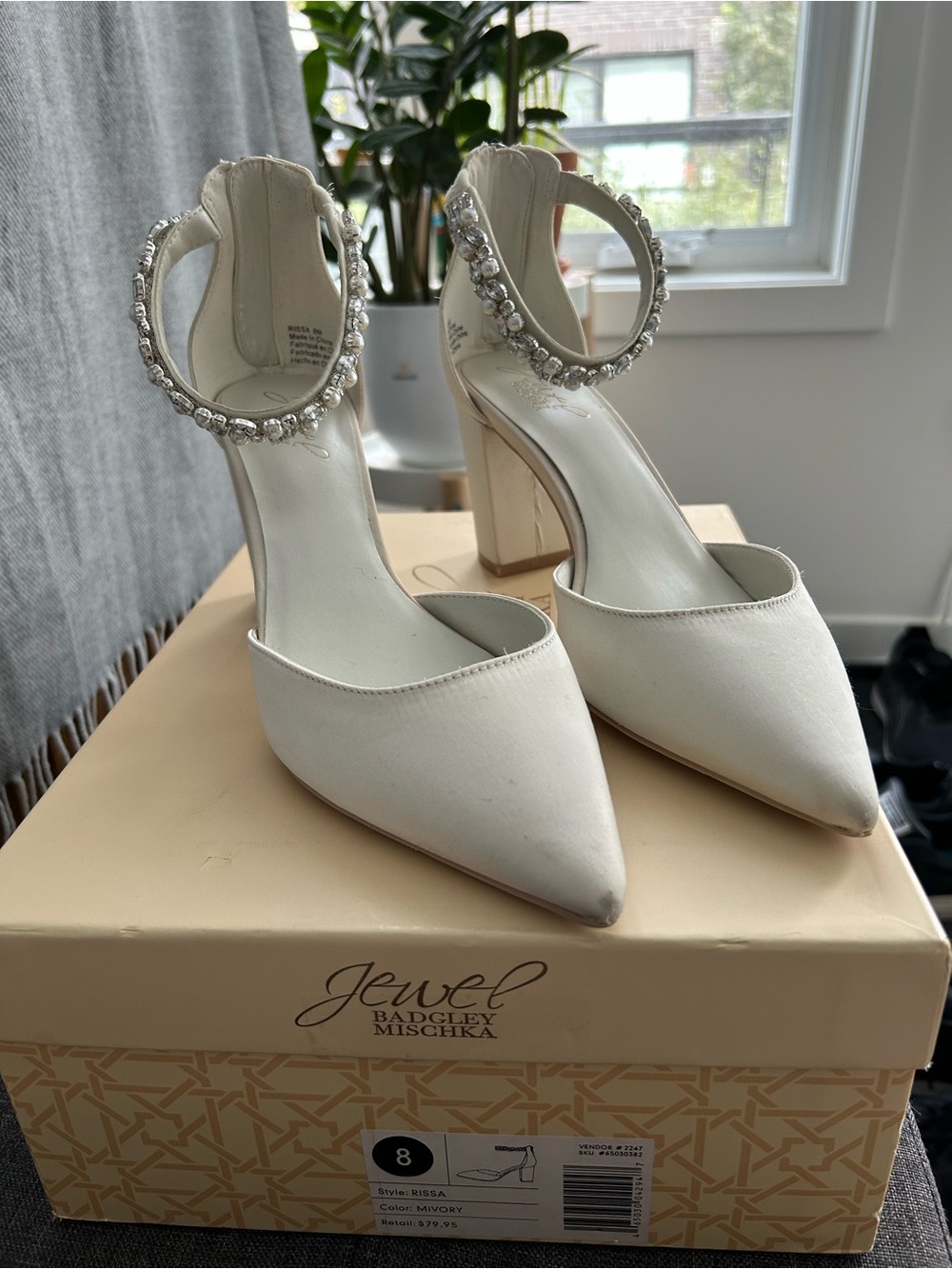 Ivory block heels with crystal beaded ankle strap
